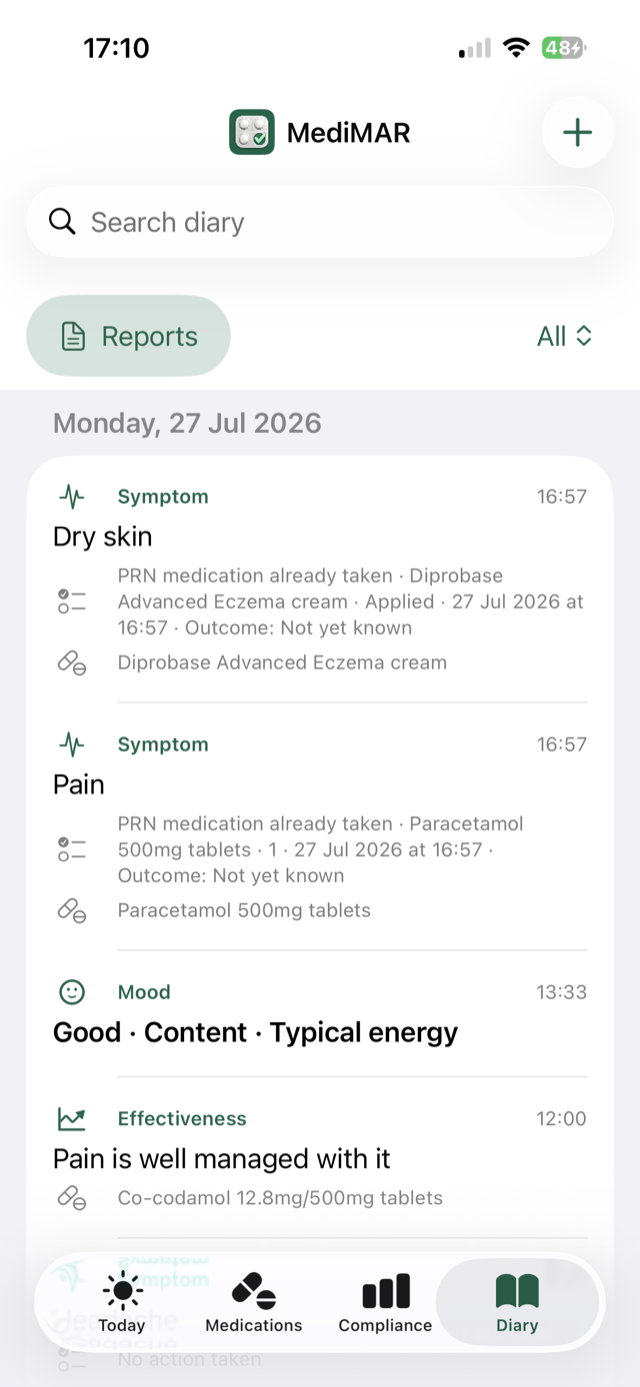 MediMAR Diary showing fictional symptom, mood and medication-effectiveness entries