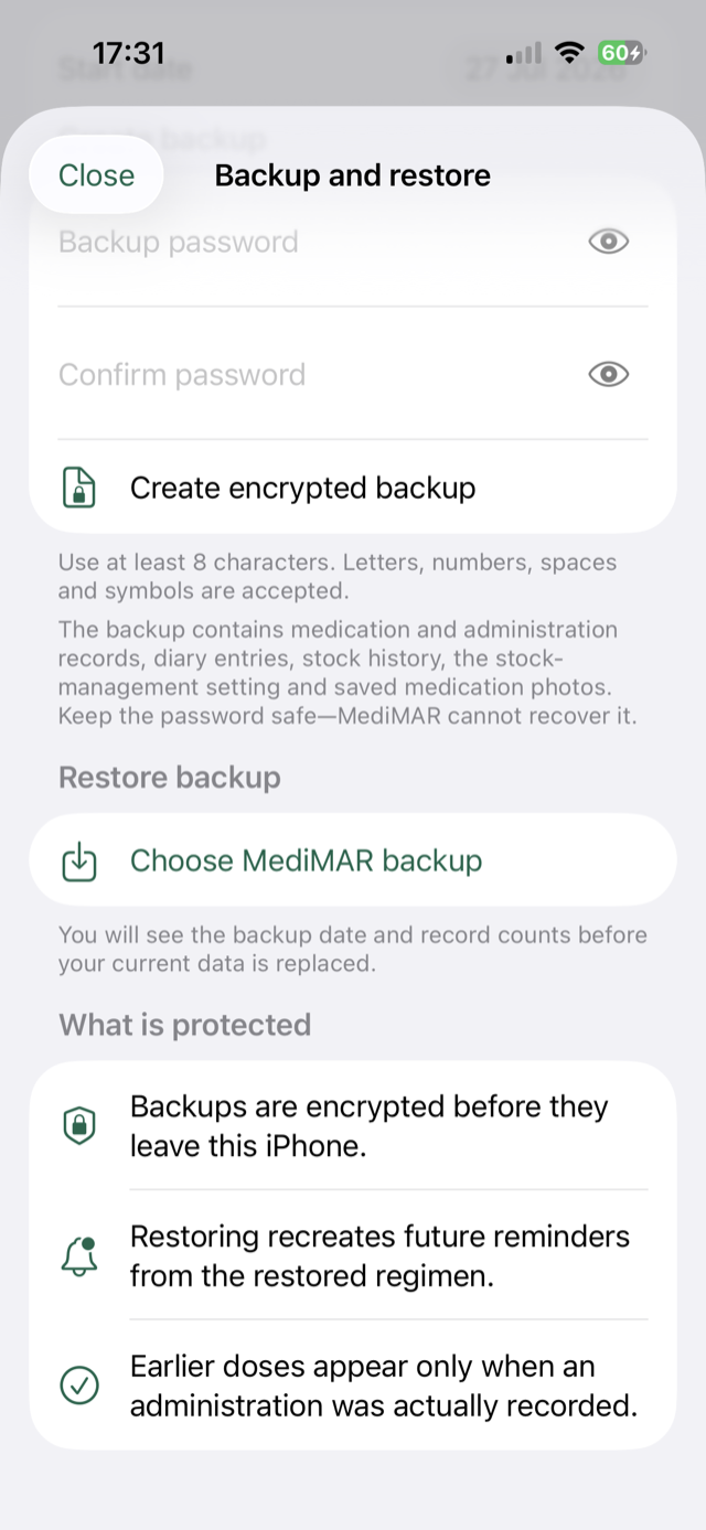 MediMAR encrypted backup and restore screen