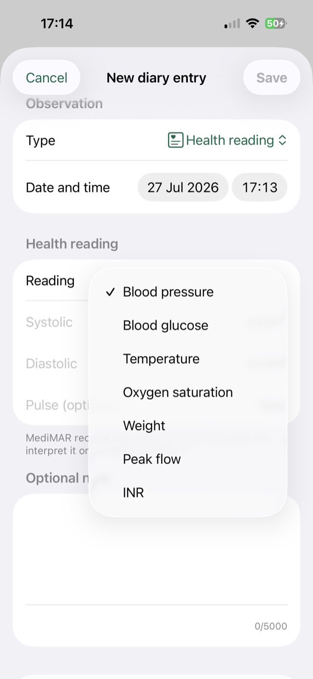 MediMAR Diary health-reading selector showing supported reading types