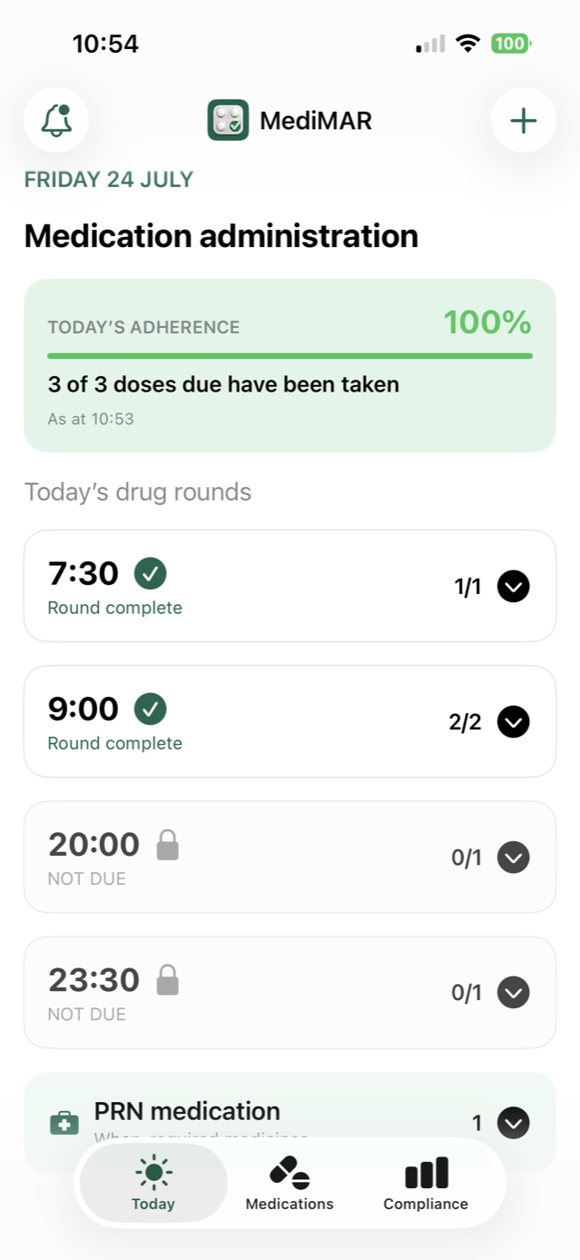 The genuine MediMAR Today screen showing completed medication rounds and 100 percent adherence